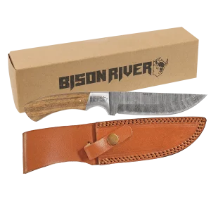 Bison River 9 1/2" Fixed Blade Wood Knife with Damascus Steel Blade and Leather Sheath