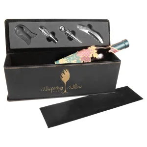 Black/Gold Engraved Faux Leather Single Wine Box with Tools