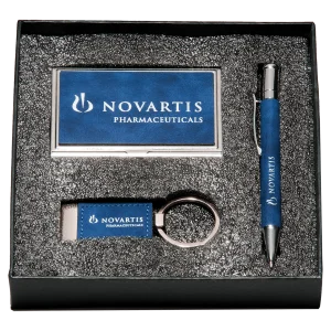 Blue Marbleized Leather Gift Set/Pen, Keychain, Business Card Holder