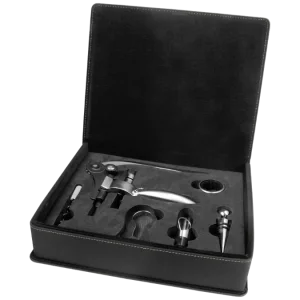 Black/Gold Engraved Faux Leather 5-Piece Wine Tool Gift Set