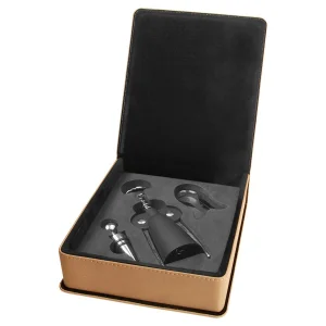 Light Brown Engraved Faux Leather 3-Piece Wine Tool Gift Set