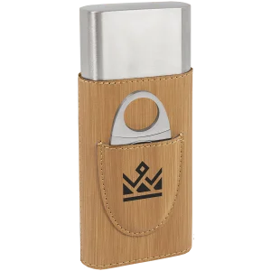 Bamboo Engraved Faux Leather Cigar Case with Cutter