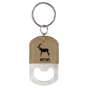 Oval Light Brown Engraved Faux Leather Bottle Opener Keychain