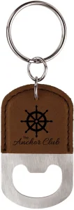 Oval Dark Brown Engraved Faux Leather Bottle Opener Keychain