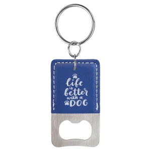 Rectangle Blue/Silver Engraved Faux Leather Bottle Opener Keychain