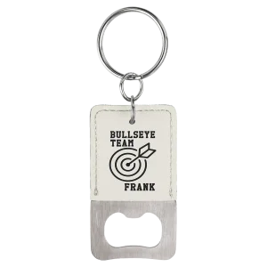 Rectangle White Engraved Faux Leather Bottle Opener Keychain