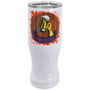 White Custom Printed 14 oz. Polar Camel Pilsner with Clear Lid