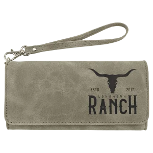 Wallet with Strap - Engraved Faux Leather, Creekside Collection, 7 1/2" x 4", Light Green